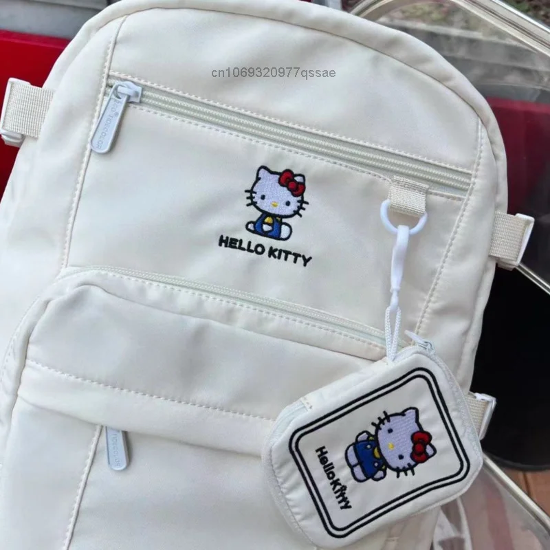 Sanrio Hello Kitty College & High School Students Backpacks for Women & Men Y2k Zipper Nylon School Bag with Embroidery Pattern