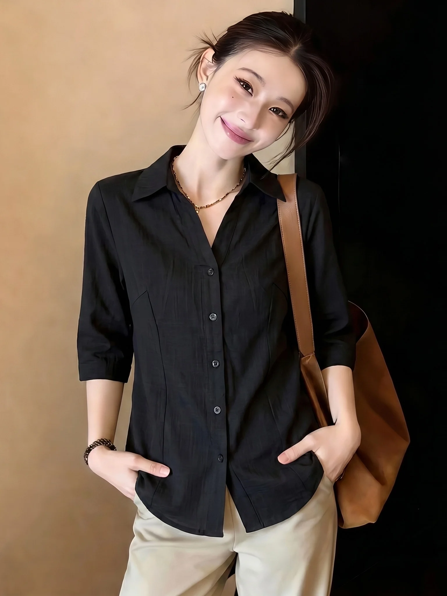 

Elegant Black V-Neck Short Sleeve Cotton Linen Shirt Women's Summer New plus Size Slim Fit Shirt Commute Style Korean Version