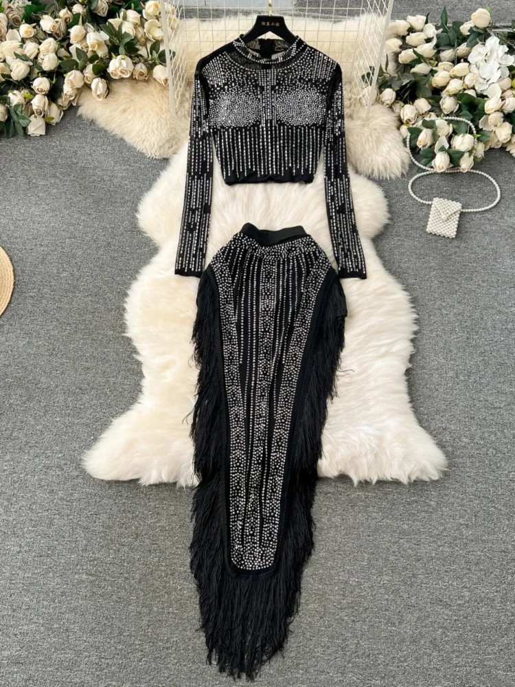 Women Sexy Club Party Two Piece Set Spring Autumn Long Sleeved Crop Top Rhinestone Stamping Slim Tassel Irregular Skirt Suits