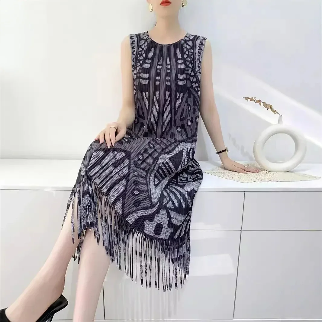 

ALSEY Pleated Women's Dresses Mid-Length Tassel Sleeveless Design Slim Vest Skirt 2024 Summer New