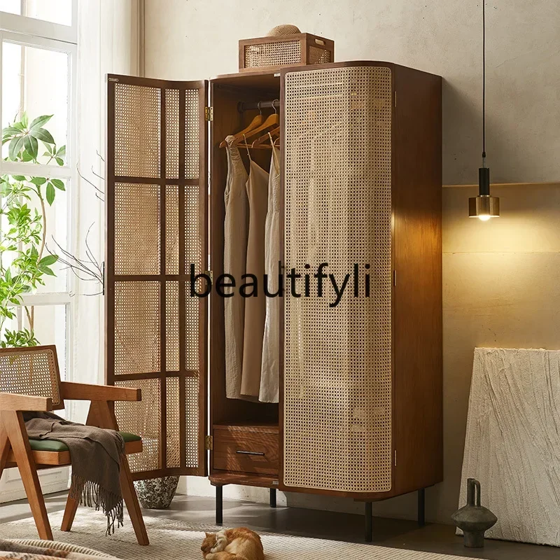 

Nordic solid wood rattan wardrobe swing door Japanese bedroom large wardrobe integrated storage cabinet