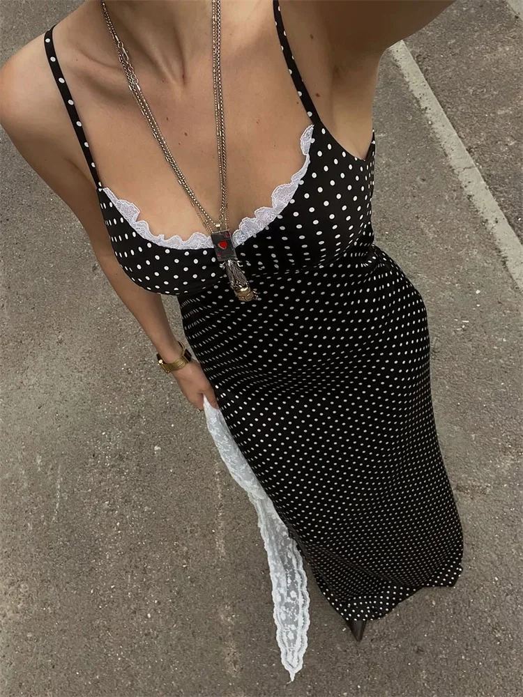 

Lace Patchwork Printed Long Dress For Women Summer Slim Fashion V-Neck Spaghetti Backless Dress Female Halter Dresses 2025