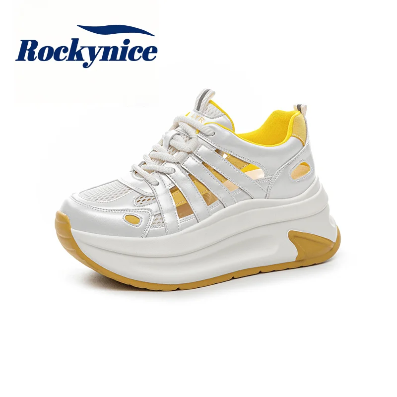 

7CM Hollow out Genuine Leather Sneakers Women New Summer Hidden Heels Shoes High Platform Breathable Mesh Casual Sandals Woman