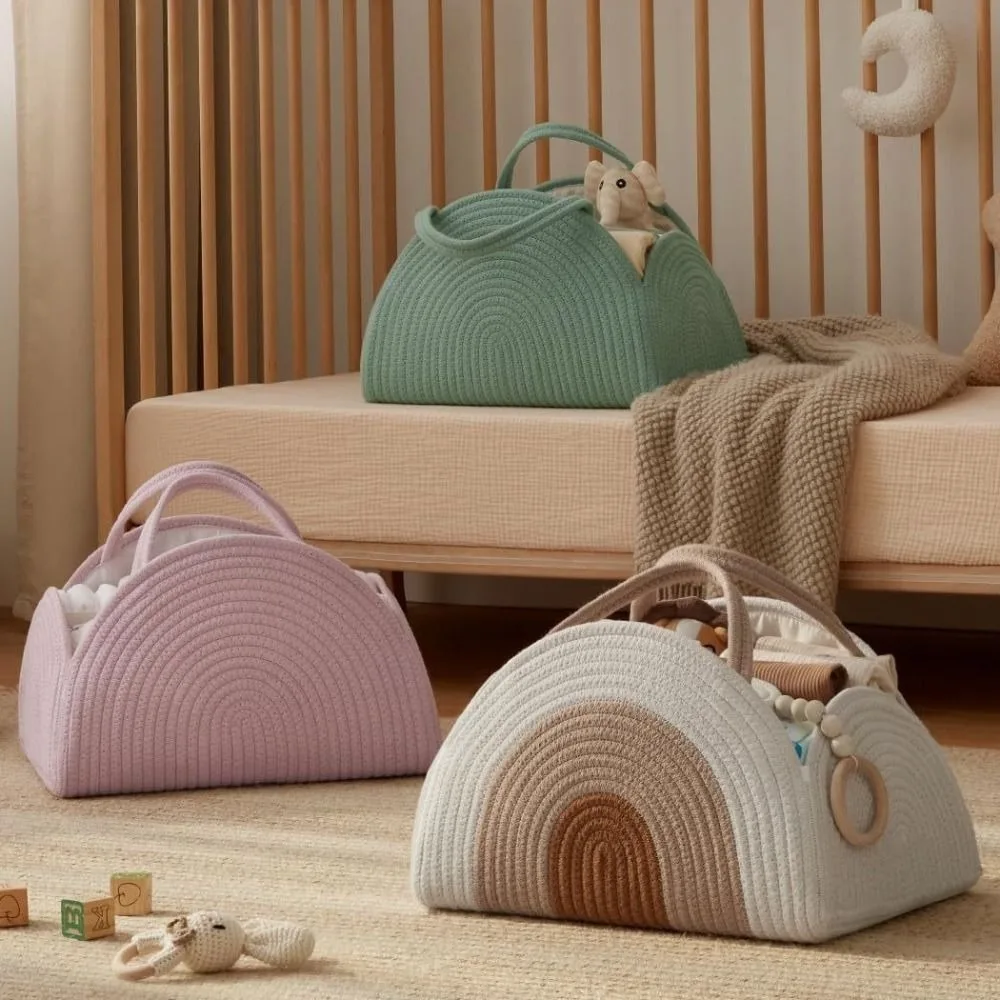 

High Quality Woven Cotton Rope Baby Diaper Organizer Newborn Essentials Portable Diaper Basket Large Capacity Diaper Storage Bag