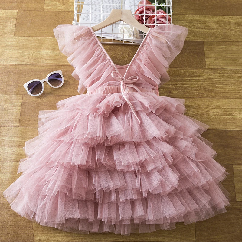 Summer Baby Girls Dress for Kids Lace Princess V-Back Mesh Layers Dress Little Girl Ceremonies Dress Wedding Party Elegant Frock