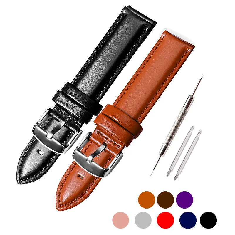 Leather Watch with Needle Buckle Layer Calfskin Watchband Needle Plain 12~24mm Iron Ring Replacement Watchband Tool Delivery