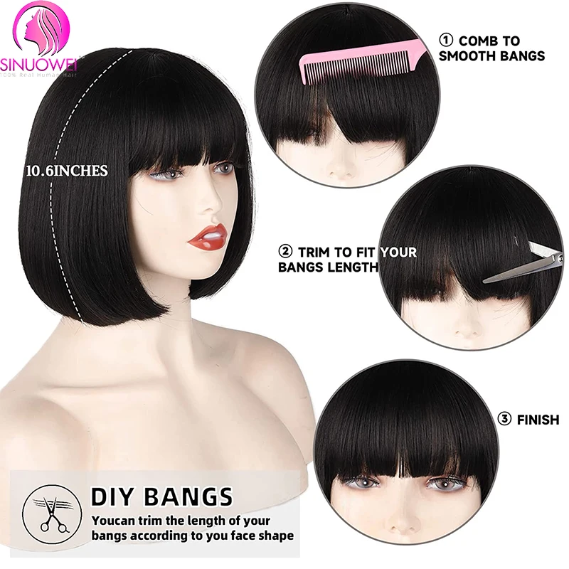 Short Straight Bob Wig With Bangs Brazilian Human Hair Bob Wigs Remy Full Machine Made Wig for Women Non Lace Glueless Bob Wig image 5