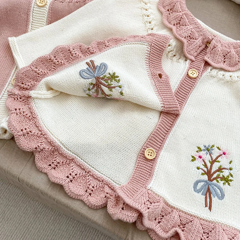 Autumn Spring Children Clothes Newborn Baby Girls Knitting Cardigan Long Sleeved Floral Embroidery Toddler Baby Girls Sweater