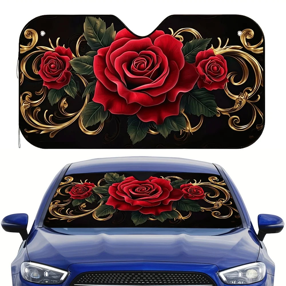 1pc Foldable Red Rose Sunscreen Cover Print Car Sunshade Stylish Cool, Includes 4 Suction Cups for Easy Installation