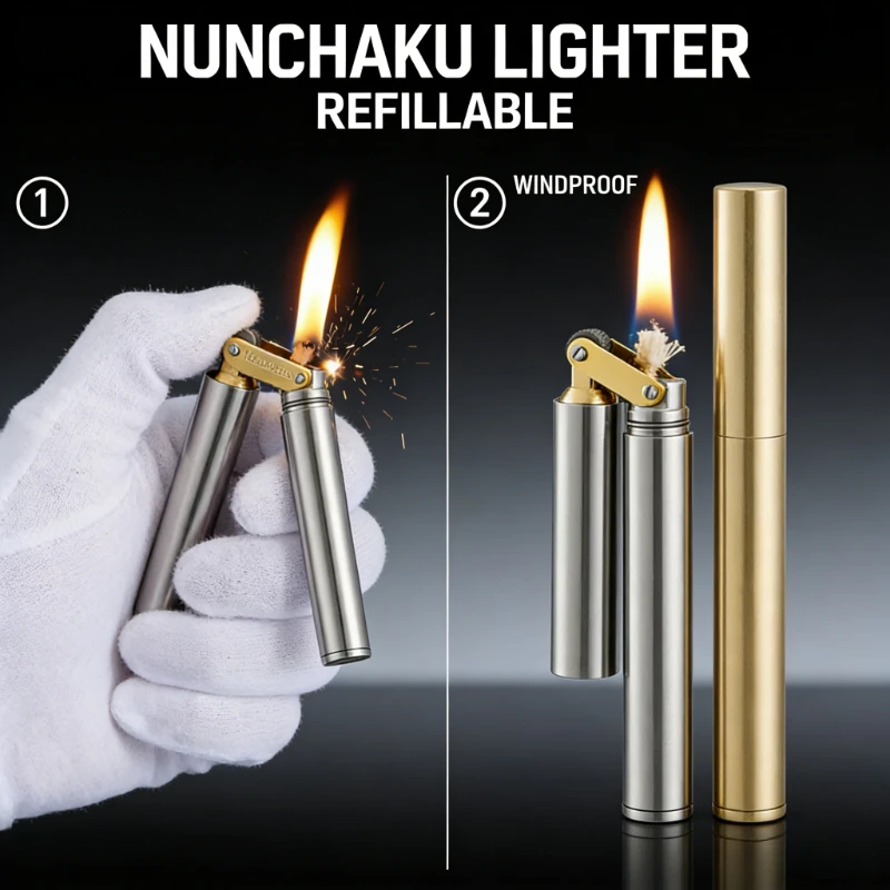 

Creative Nunchaku Shape Brass Lighter Retro Flint Grinding Wheel Windproof Lamp Oil Lighter Unique Novelty Gift for Male Smokers