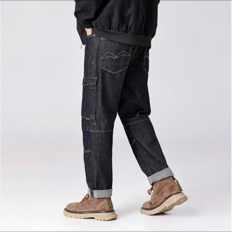 Spring and Autumn High end Jeans Men's Japanese workwear Style Splicing Multi pocket Work Loose Harun Pants