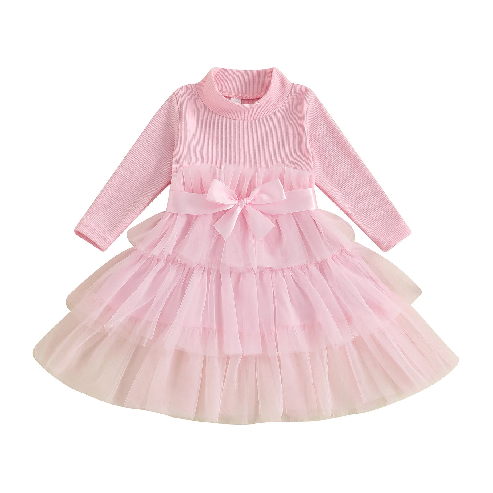 

Toddler Girl Fall A Line Dress Solid Color Mock Neck Long Sleeves Tiered Tulle Patchwork Dress with Belt