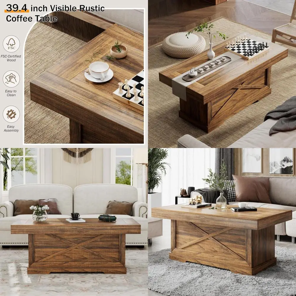 طاولة قهوة مستطيلة من خشب الجوز الريفي مع قاعدة بتصميم X لغرف المعيشة وتناول الطعام، طاولة مميزة موفرة للمساحة للشقة #1