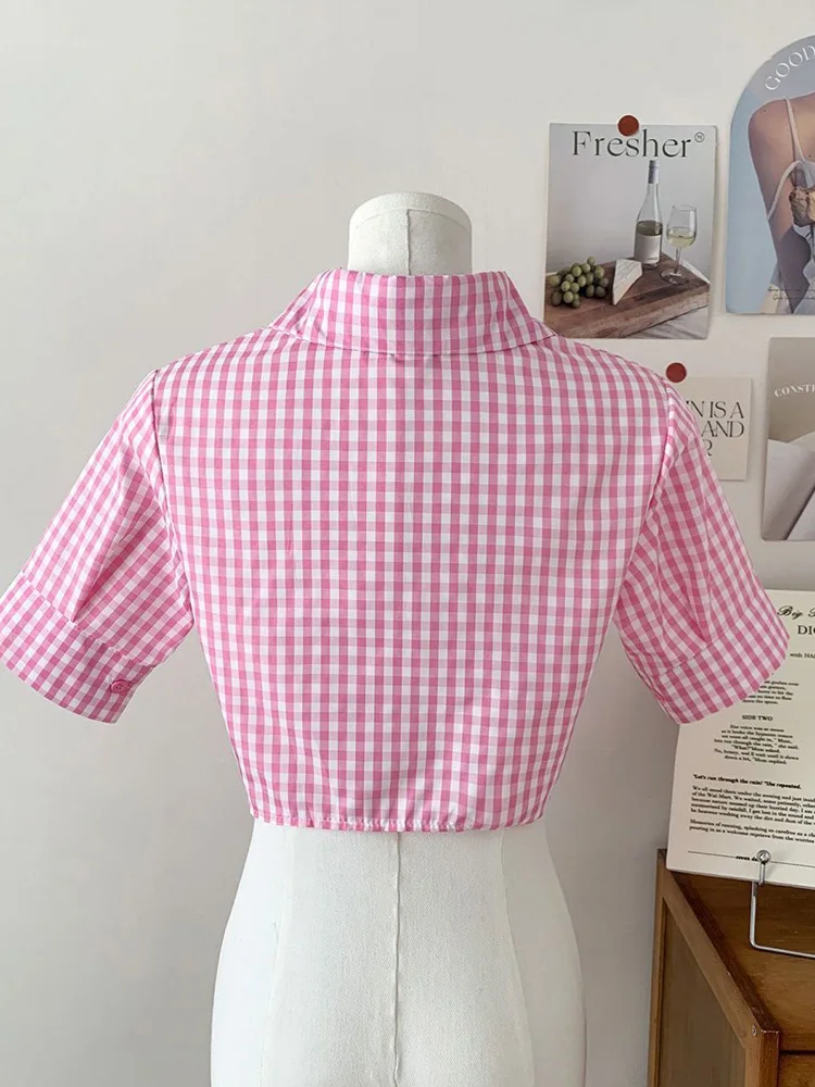 Sexy Cropped Plaid Shirt Women Slim Preppy Style Short Sleeve Design Blouse Fashion Lace Up Sweet Summer Lady Korean Casual Tops - view 5