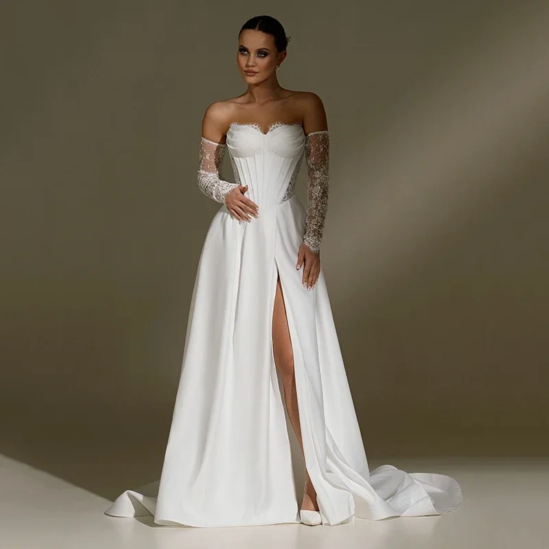 

Boho A-line Wedding Dress Lace Sweetheart Side Slit Bridal Dress White Wedding Ball Gown Dresses Customized Vestidos De Novias