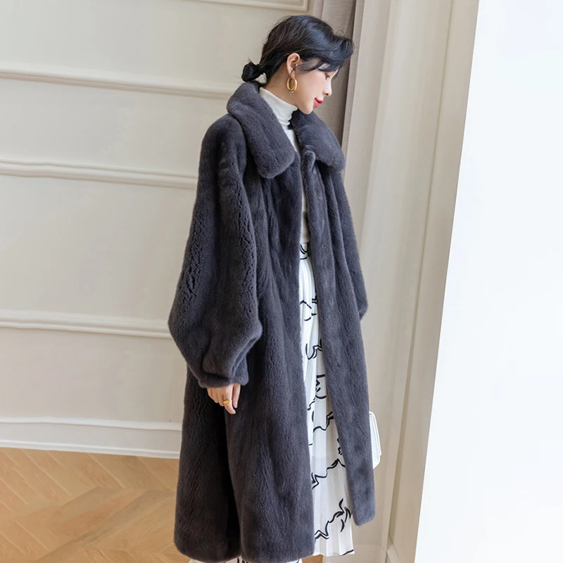 Ftangaiur New Winter Import Purple Standard Velvet Mink Fur Coat Women Turn-Down Collar Full Sleeve Natural Real Mink Fur Coats