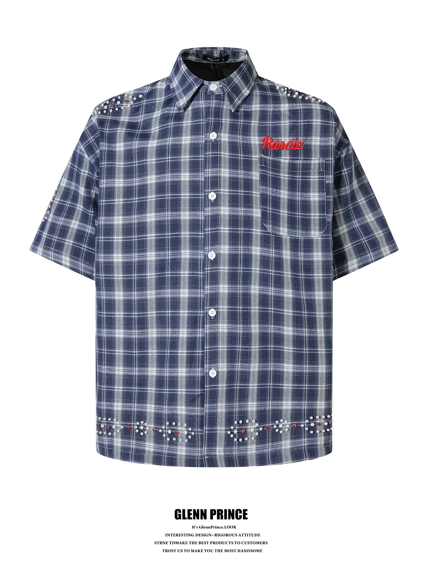 

GPstudio American Retro Pearl Plaid Short Sleeve Men's Casual Shirt Summer Design Trendy Brand Half Sleeve Shirt Loose Fit