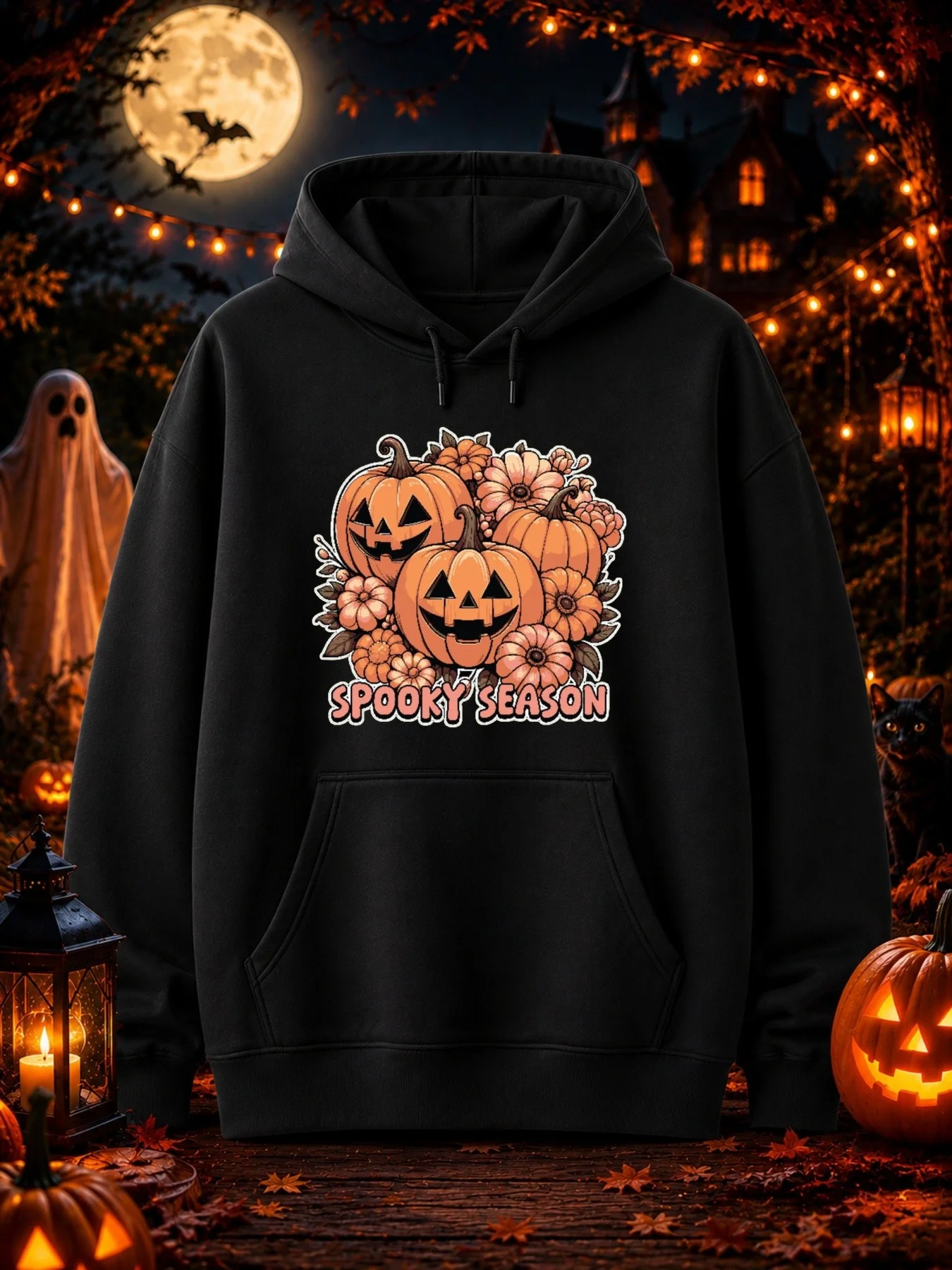 Men's Printed Hoodie Features a Cute Smiling Pumpkin Lantern, Surrounded by Warm Orange Flowers, and Features a Striking Spooky Season Text at the Bottom.
