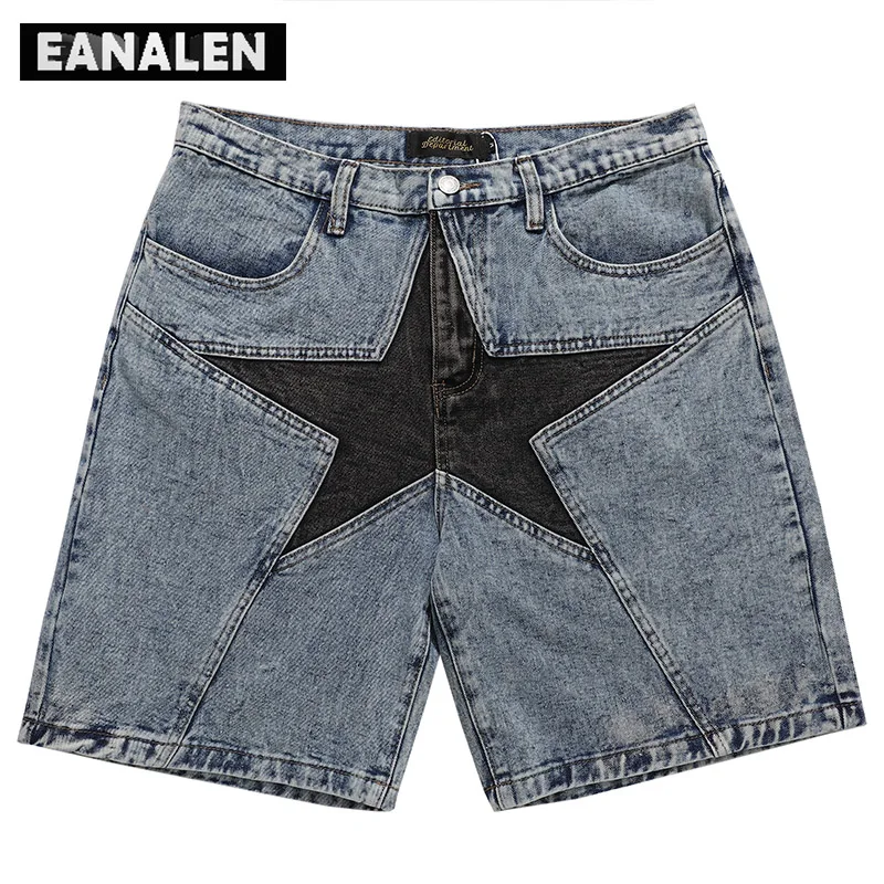 Harajuku Vintage Star Pattern Denim Shorts Men\'s Oversized Street Costume Rock Gothic Bermuda Casual Sports Basketball Shorts