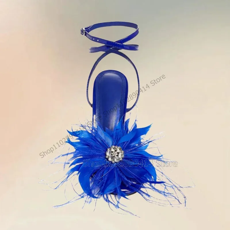 

Blue Feather Crystal Decor Open Toe Sandals Ankle Buckle Strap Women Shoes Thin High Heels New Fashion 2025 Zapatos Para Mujere