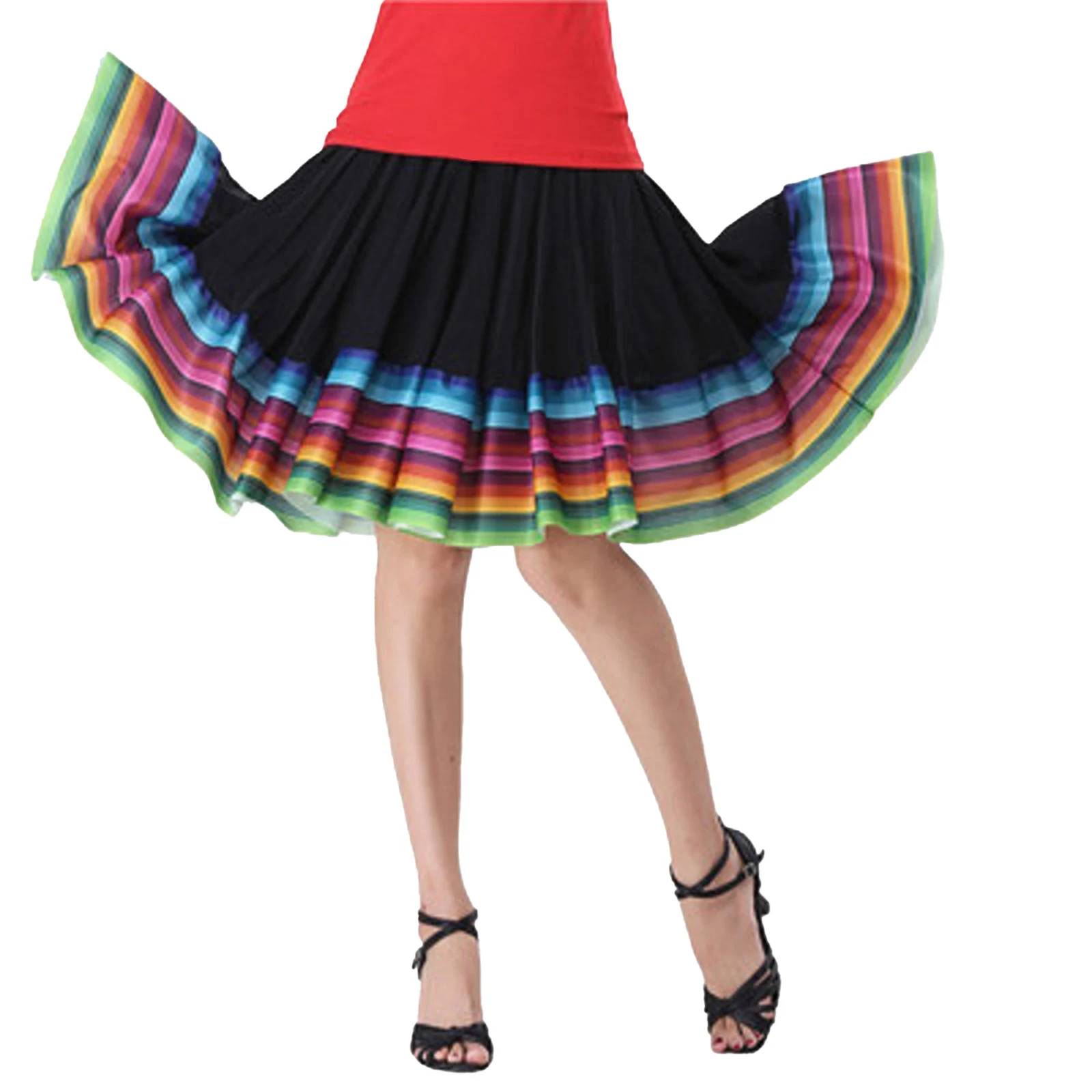 Women Flamenco Ballroom Folk Dance Performance Skirt Stripe Hem Elastic Waistband Dancewear Halloween Festival Party Costume