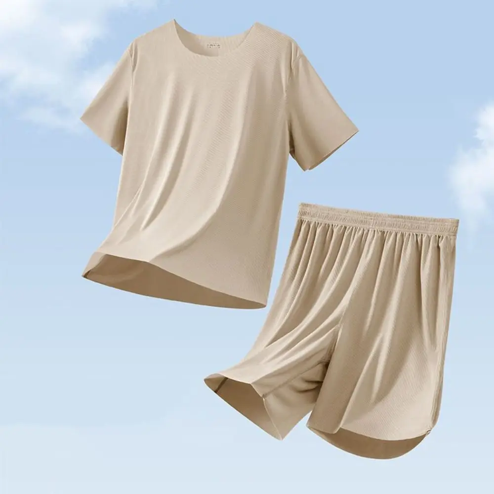 

Fashion Seamless Short Sleeve Sleepwear Suit Simple Loose Men Summer Pajamas Ice Silk Home Wear 2Piece Nightwear Set Summer