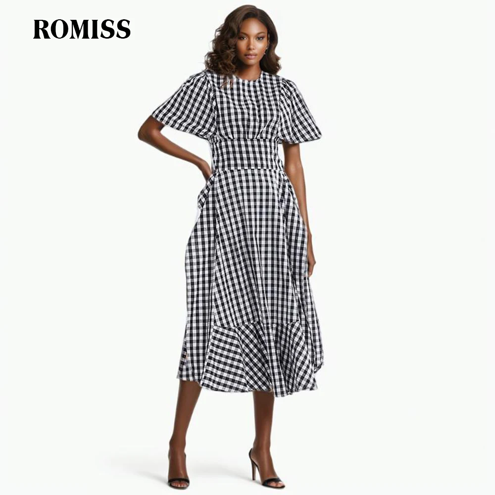 ROMISS Colorblack Plaid Casual Dresses For Women Round Neck Short Sleeve  Waist Patchwork Ruffles Minimalist Long Dress Female