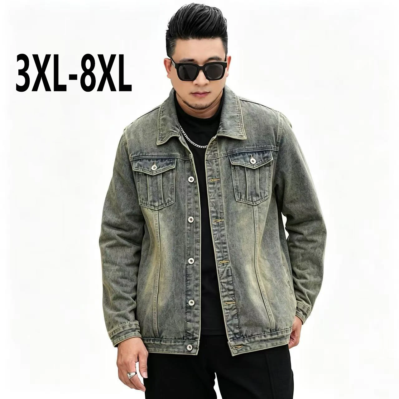 Men's Plus Size Casual Denim Jacket Vintage Washed Loose Lapel Coat Oversized Streetwear Outerwear Big Size Daily Jean Top 2026