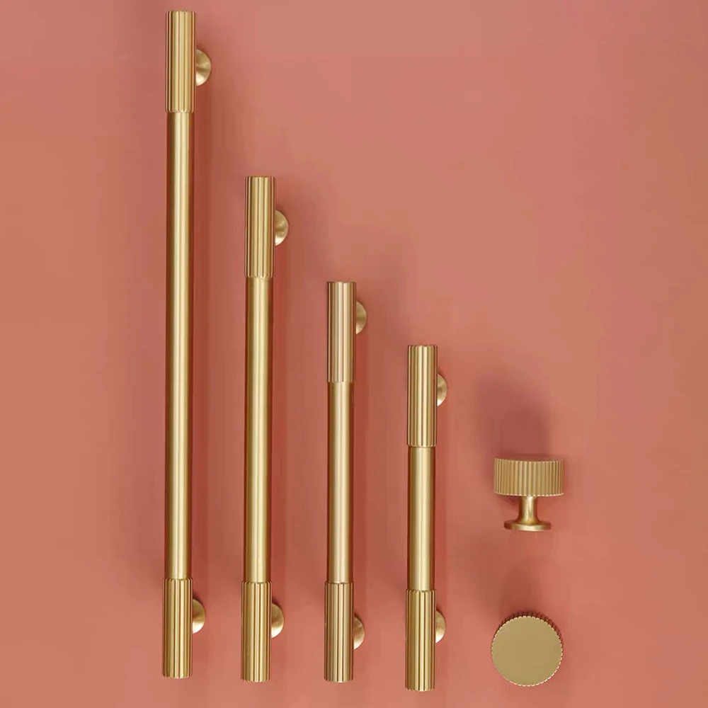 Solid Brass Art Deco Vertical Linear Kitchen Cabinet Handles Knurled Drawer T-bar Bedroom Wardrobes Long Furniture Door Pull