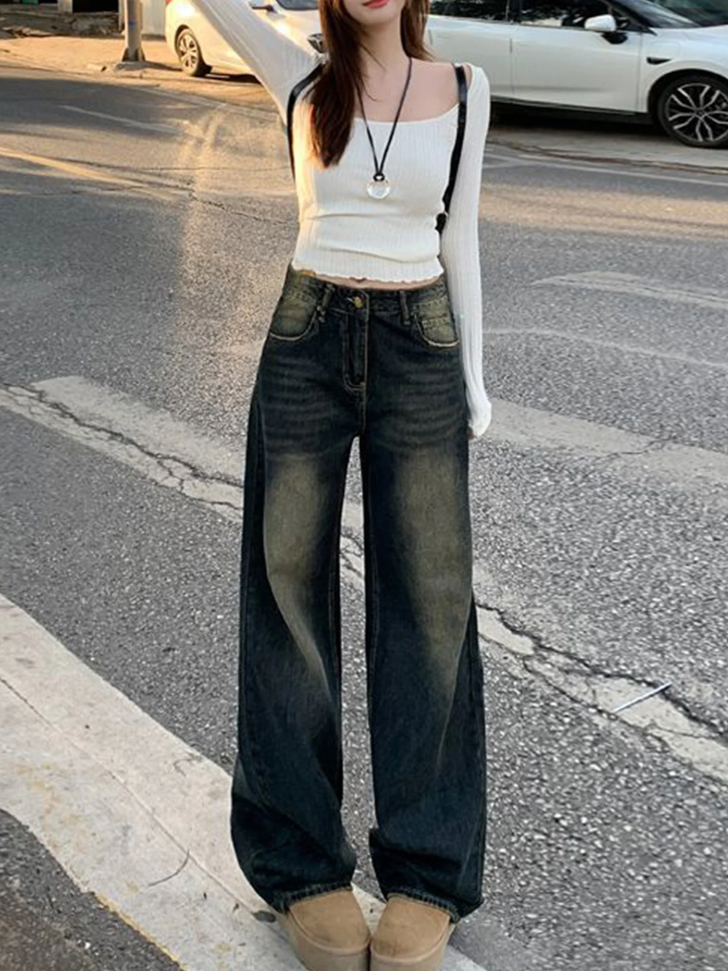

American Sle Vintage Waed Denim Pants Women High Waist Wide Leg Straight Cut Slimming Long Trousers Casual Straight Jeans