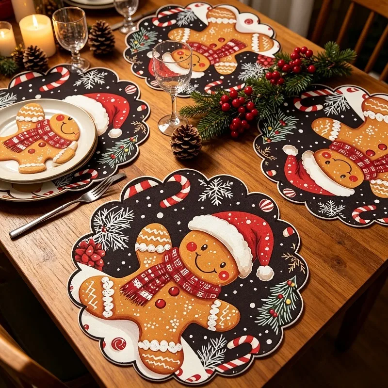 VIKAMA Gingerbread Man Cookie Round Placemat, Non Slip Washable Heat Resistant Dinner Mat, Cute Christmas Holiday Kitchen Decor