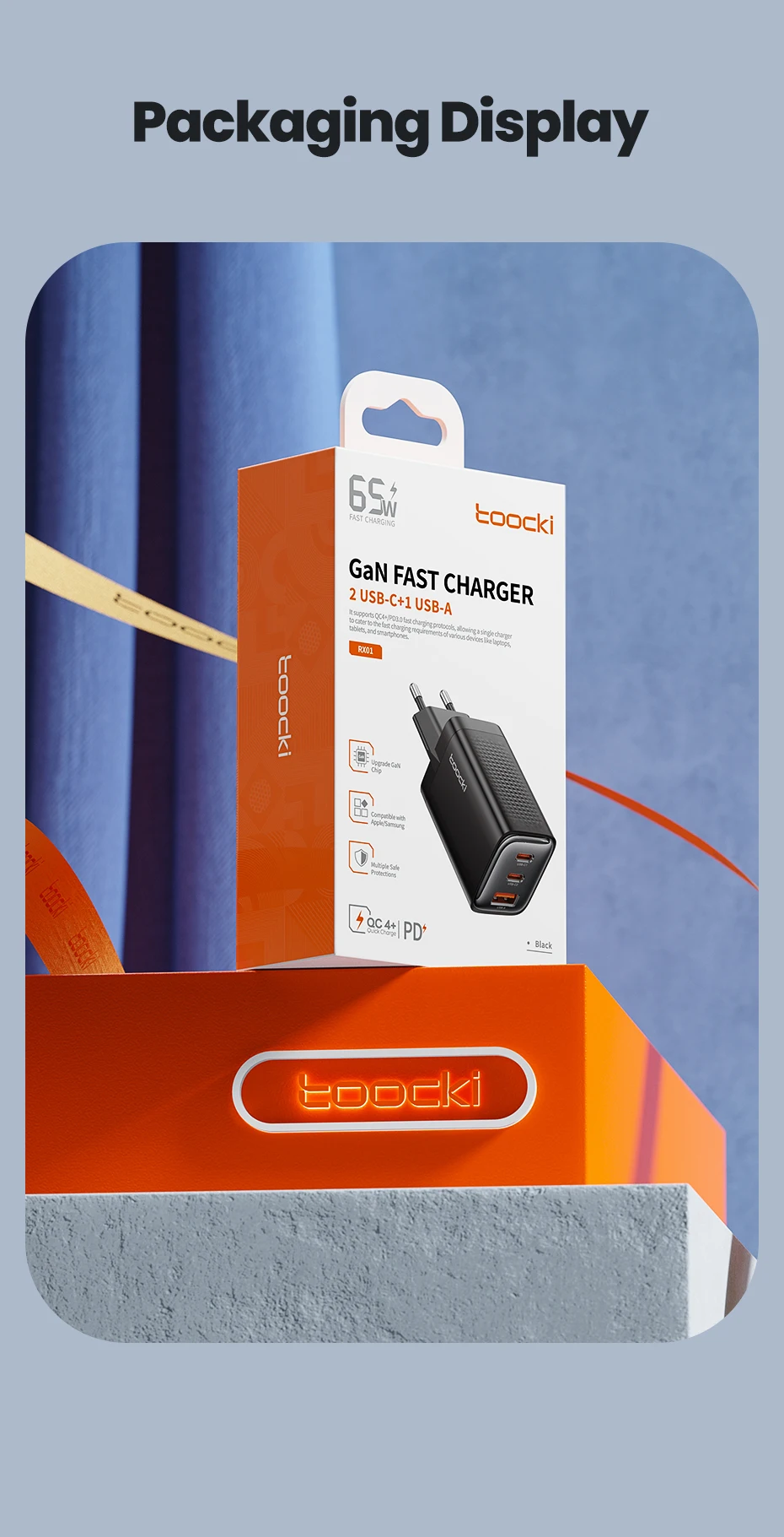 Toocki 65 W GaN USB-Ladegerät Typ C QC4.0 PD3.0 PPS Schnellladung für iPhone 16 15 14 Samsung 24 S23 Xiaomi Huawei Realme Laptop – Detail 13