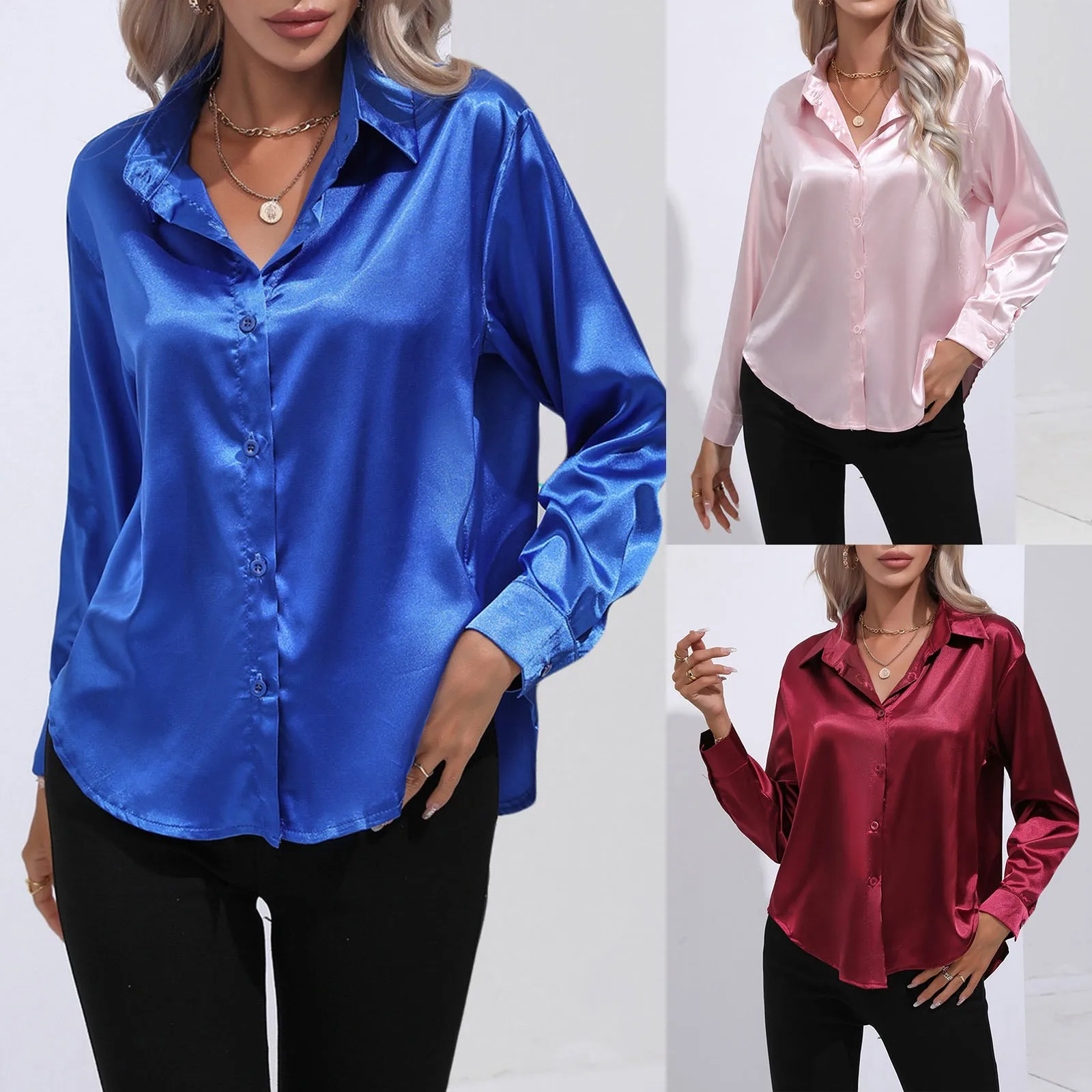 Spring Summer New Women\'s Shirt Elegant Satin Long Sleeve Faux Silk Shirt Blouse Solid Colour Elegant Casual Button Shirt Blouse