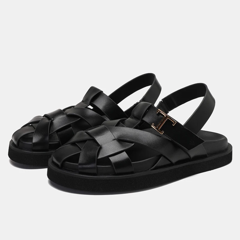 

2024 Summer New Retro Roman Shoes Women Thick-Soled Woven Flat Shoes Soft Leather Hollow Casual Sandals Black/white Casual Shoes