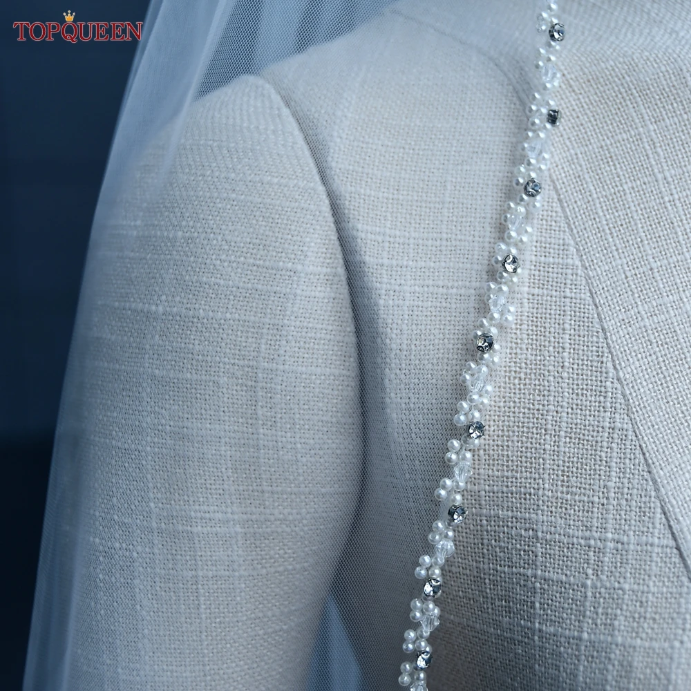 Topqueen Beaded With Rhinestones Bridal Veil Cathedral Crystal Edge Wedding Veil For 2024 White Soft Wedding Accessories V196