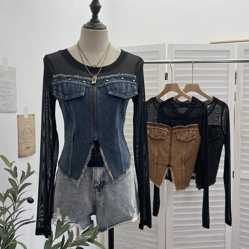 Vintage Shirt Frayed Edge Denim Patchwork Zip Front Fake Two Piece Mesh Blouse Fitted Cropped Sheer Top Chic Outfits8990