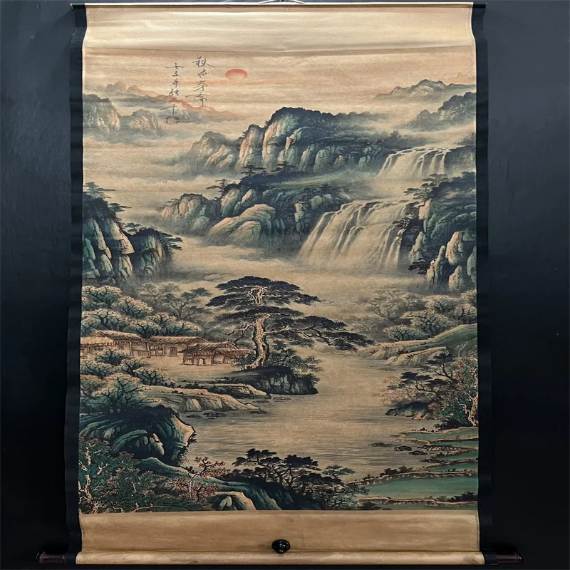 

China old Celebrity paintings- Zhang Daqian's Watercolor landscape painting Scroll Autumn colored thatched cottage painting