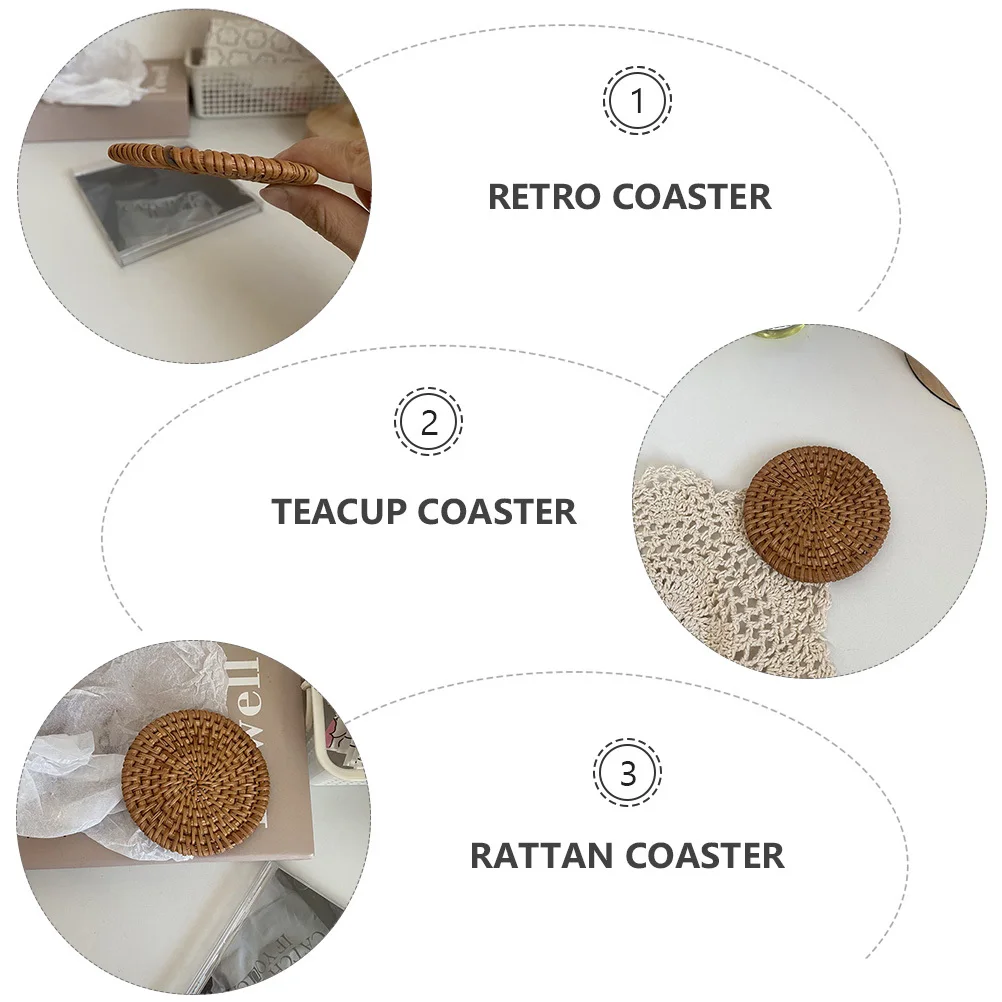 

2Pcs Retro Woven Rattan Coaster Round Teacup Mat for Home Kitchen Dining Table Decoration Rattan Coaster Woven Teacup Mat