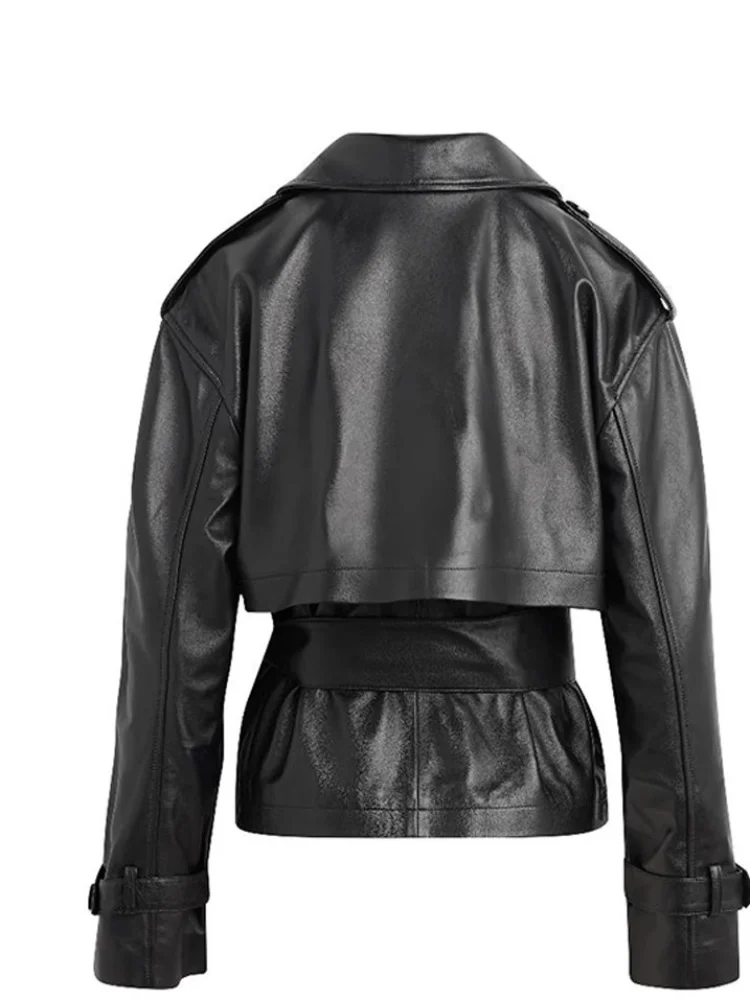 سترة جلدية سوداء أنيقة ذات طية صدر السترة للنساء عادية كم كامل الدانتيل يصل الخامس الرقبة فضفاضة سترات قصيرة 2025 سيدة التنقل اليومي أبلى جديد #1