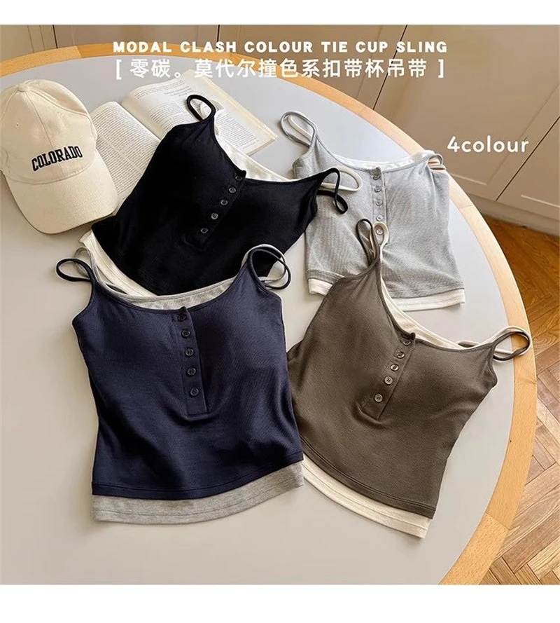 Summer Women Contrast Trim Fake Two-piece Camisole Button Decor Slim Fit Cropped Tank Top Padded Streetwear Vest A10125