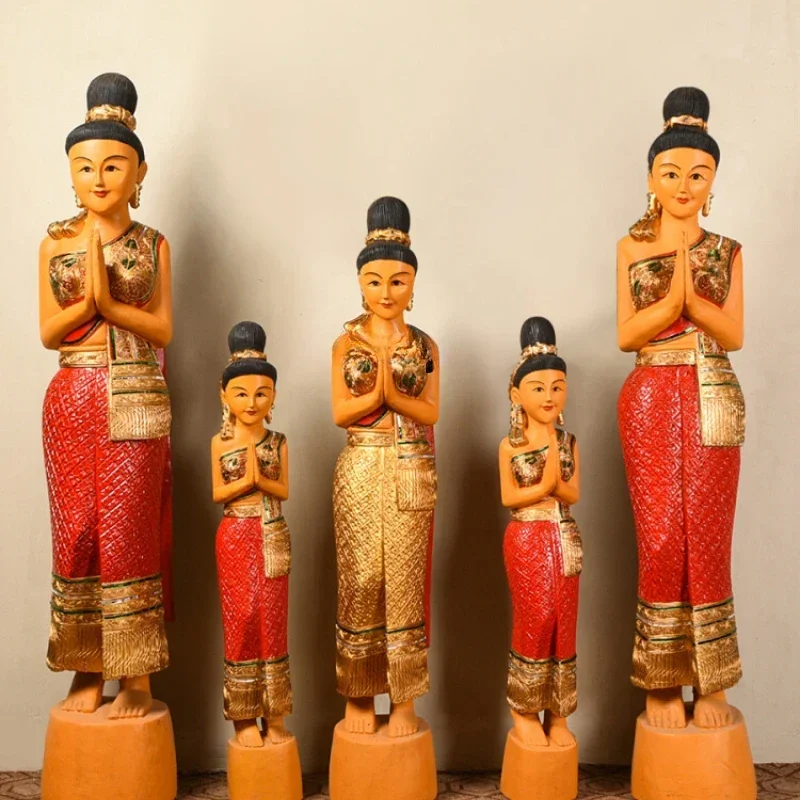 

CXH Wood Carving Thai Restaurant Welcome Female Hallway Doll Soft Decorative Ornaments