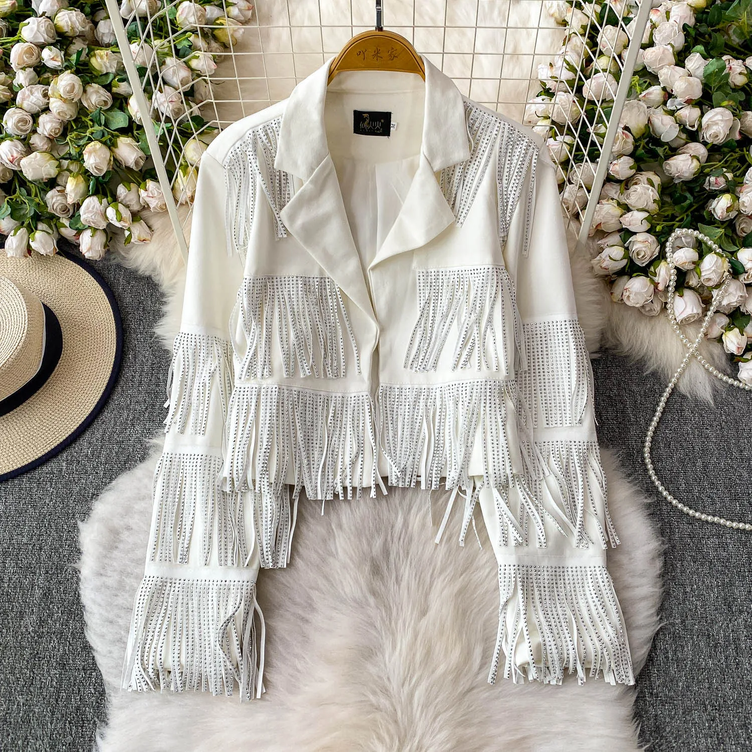 Chic Herfst Winter Vrouwen Diamanten Kralen Kwasten Pak Jas Hot Boren Omzoomd Blazers Jas Losse Lange Mouwen Vest Tops