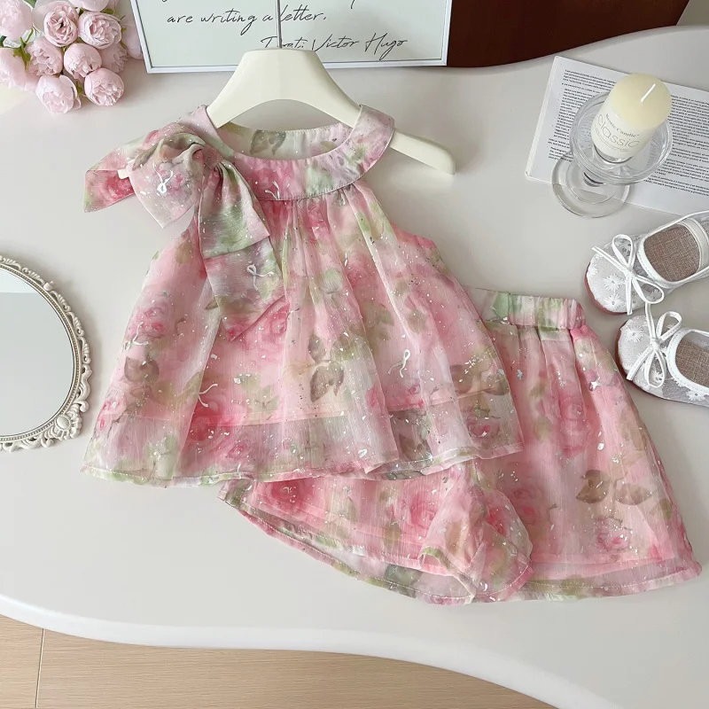 

Summer New Girls' Chiffon Floral Sleeveless Vest+Two-piece Shorts Set with Hat