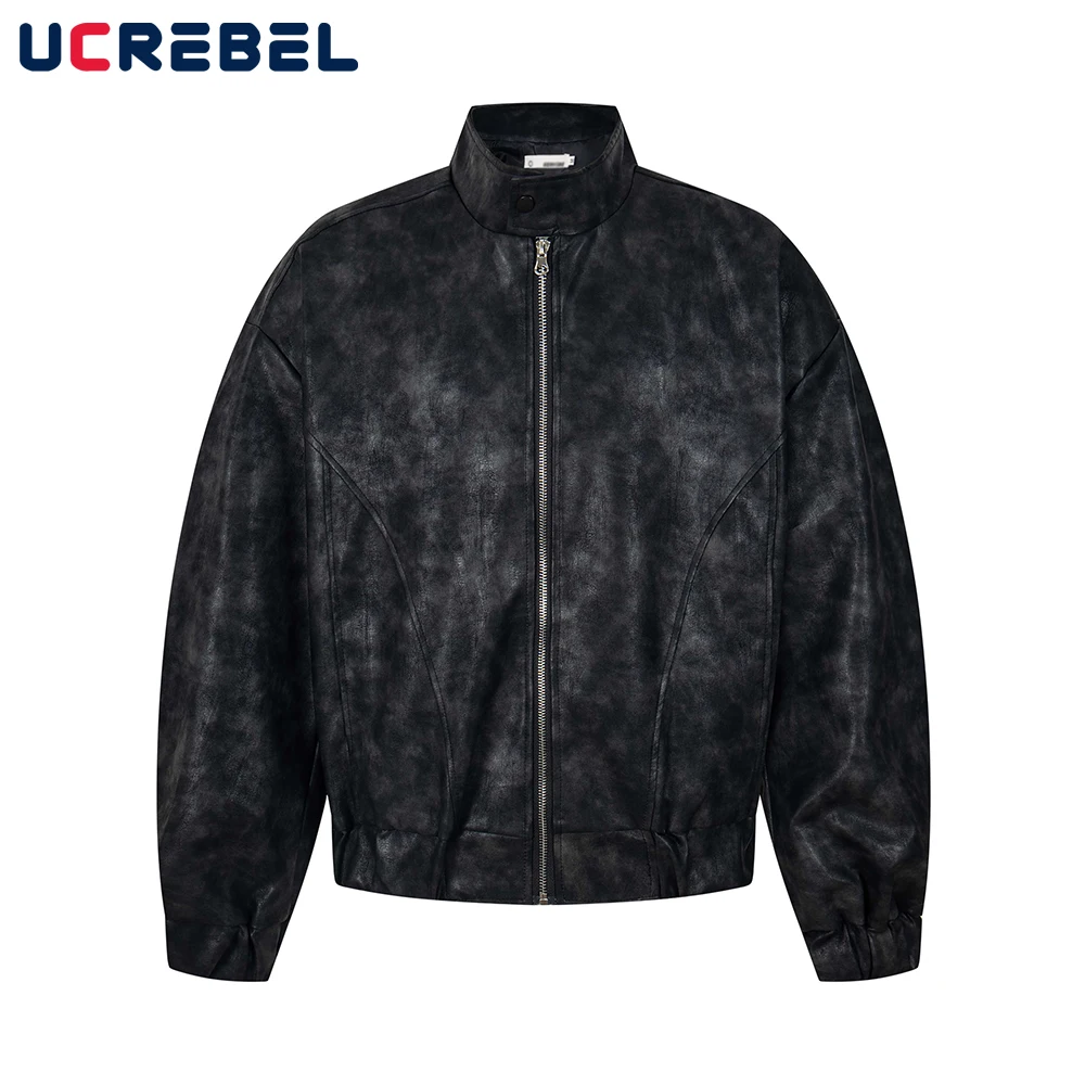 

Retro Spliced Motorcycle Jacket Mens Autumn Winter High Street Stand Collar Long Sleeve PU Leather Jacket Man Outerwear