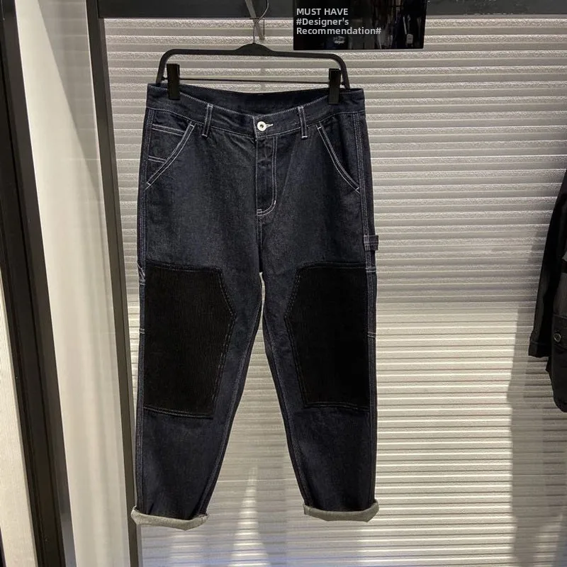 

Faionable Autumn Men's Loose Patchwork Casual Straight Leg Workwear Jeans Trendy mid Waist Zipper Fly Classic Blue Denim