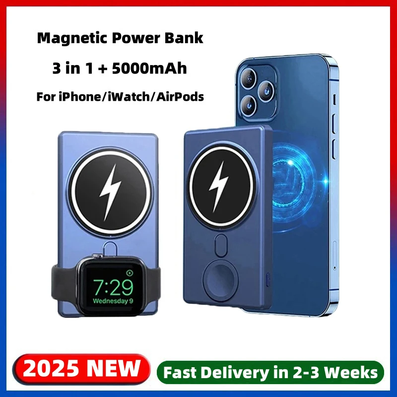 

5000mAh Magnetic Power Bank 3 in 1 Wireless Charger For Apple iPhone iWatch AirPods Powerbank External Auxiliary Backup Battery