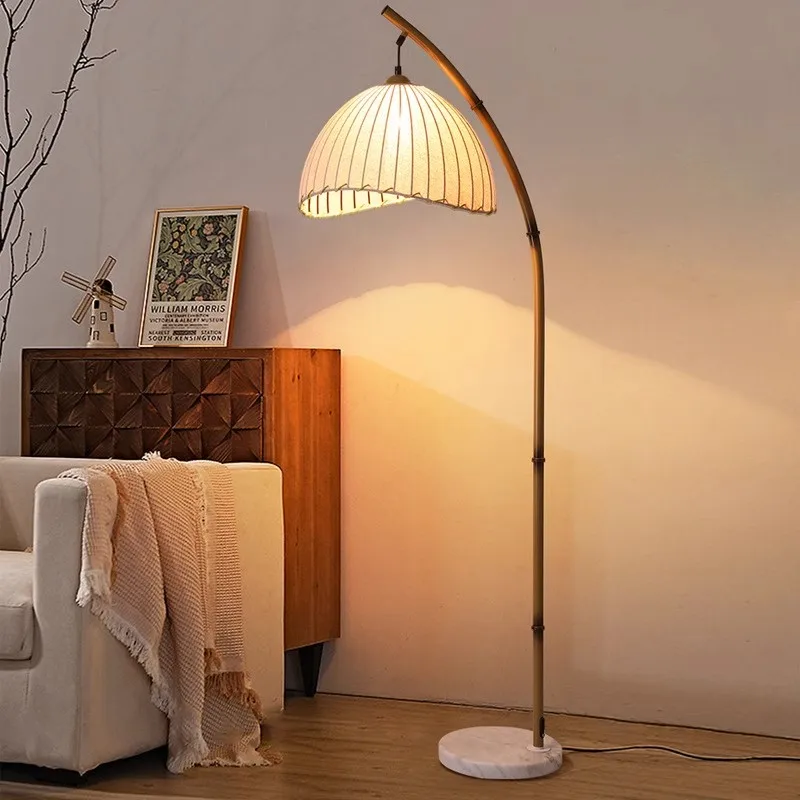 

Hotel Corner Decoration Curved Woven Fabric Lamp Shade Marble Base Imitation Bamboo Design Fishing Floor Lamp