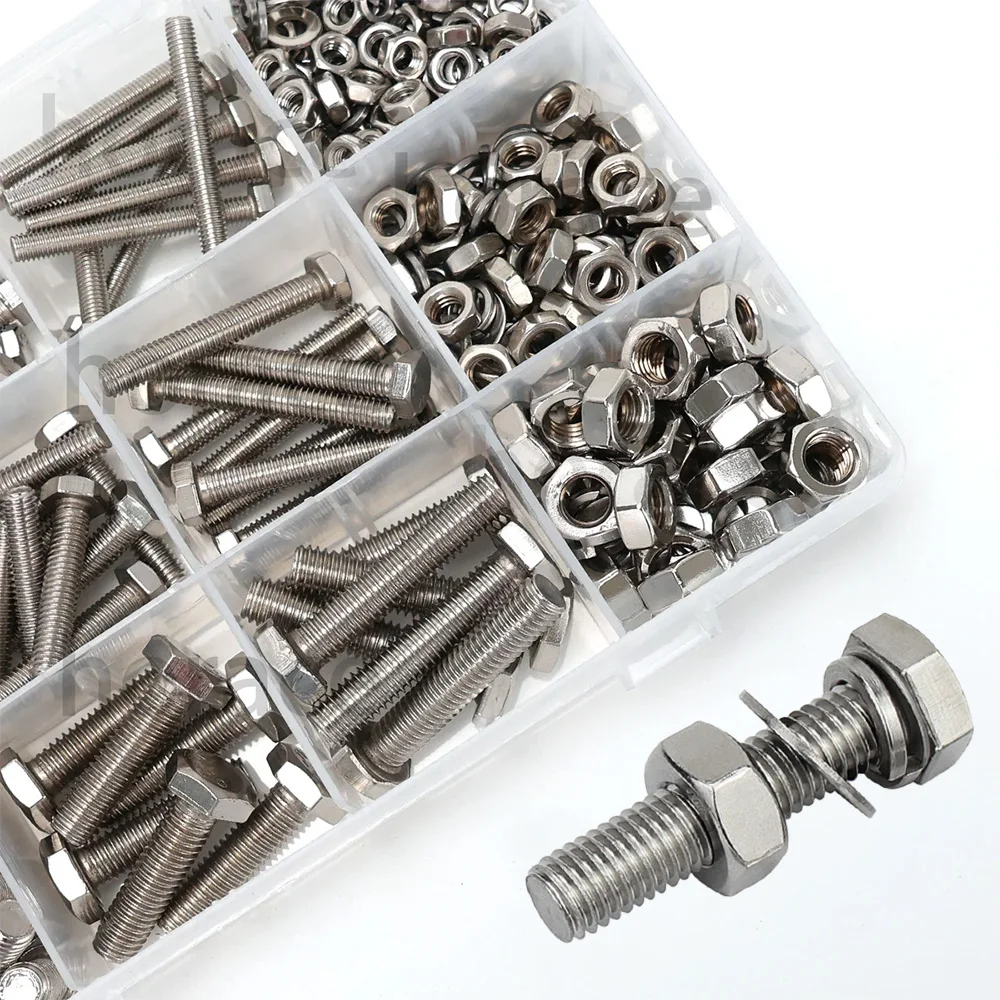 200-piece stainless steel hex bolt and nut set, size M5, lengths 10 - 30mm, for home maintenance and industrial fittings