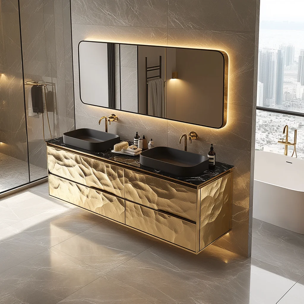 Luxuriöse Badezimmer-Waschtisch mit goldenen Schränken, Doppelwaschbecken, 48, Badezimmer-Waschtisch mit Platte