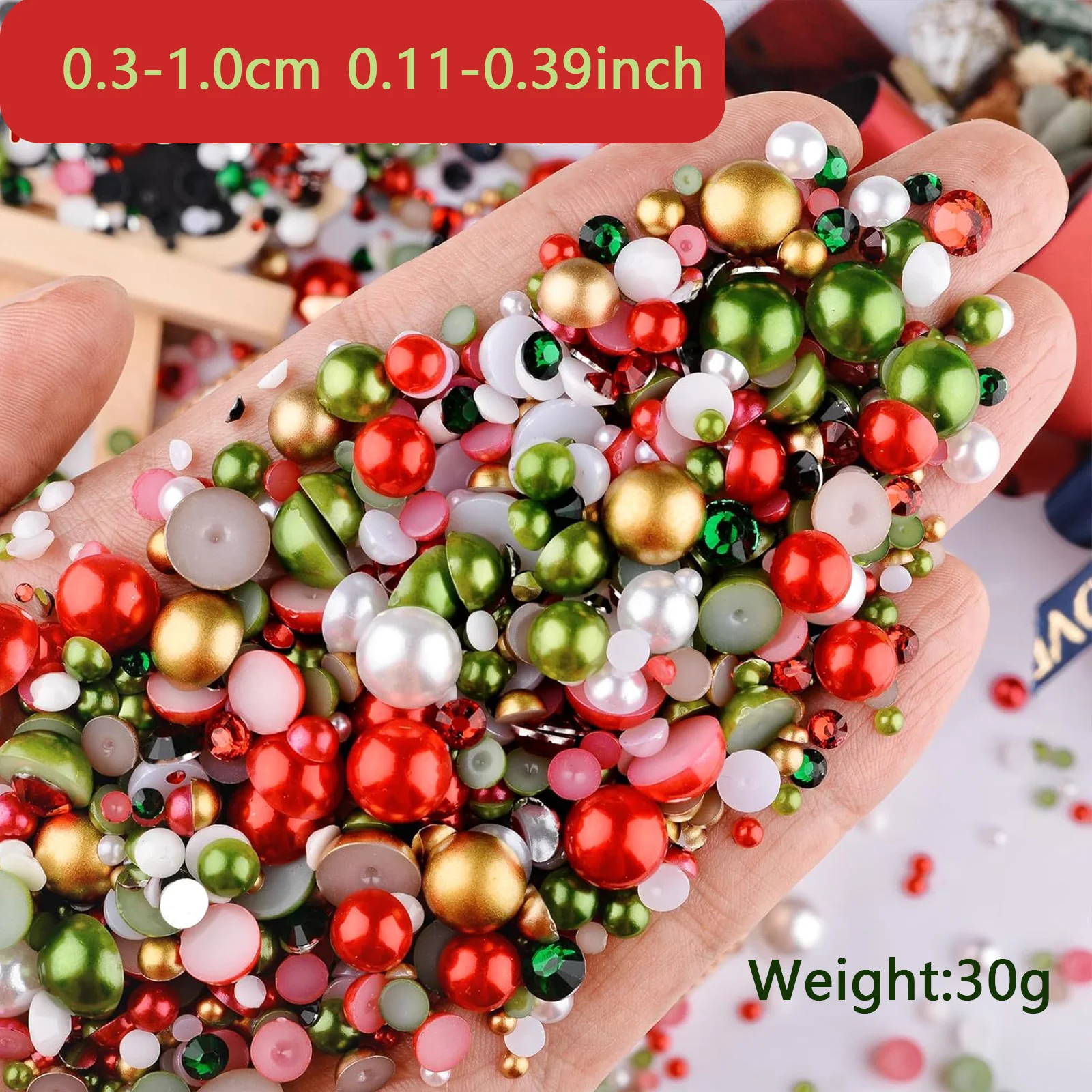 30g de perles et de strass mixtes rouge vert, strass plats et perles pour nail art, bricolage artisanal 3mm-10mm taille mixte